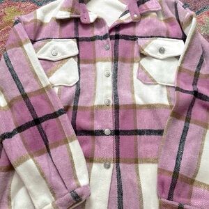 Pink and White Plaid Button-Up Jacket